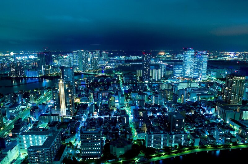 Nighttime Cityscape — Blue, Dramatic, Night, Photograph, Skyscrapers, River