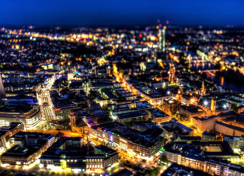 Nighttime Cityscape — Blue, Dramatic, Night, Photograph