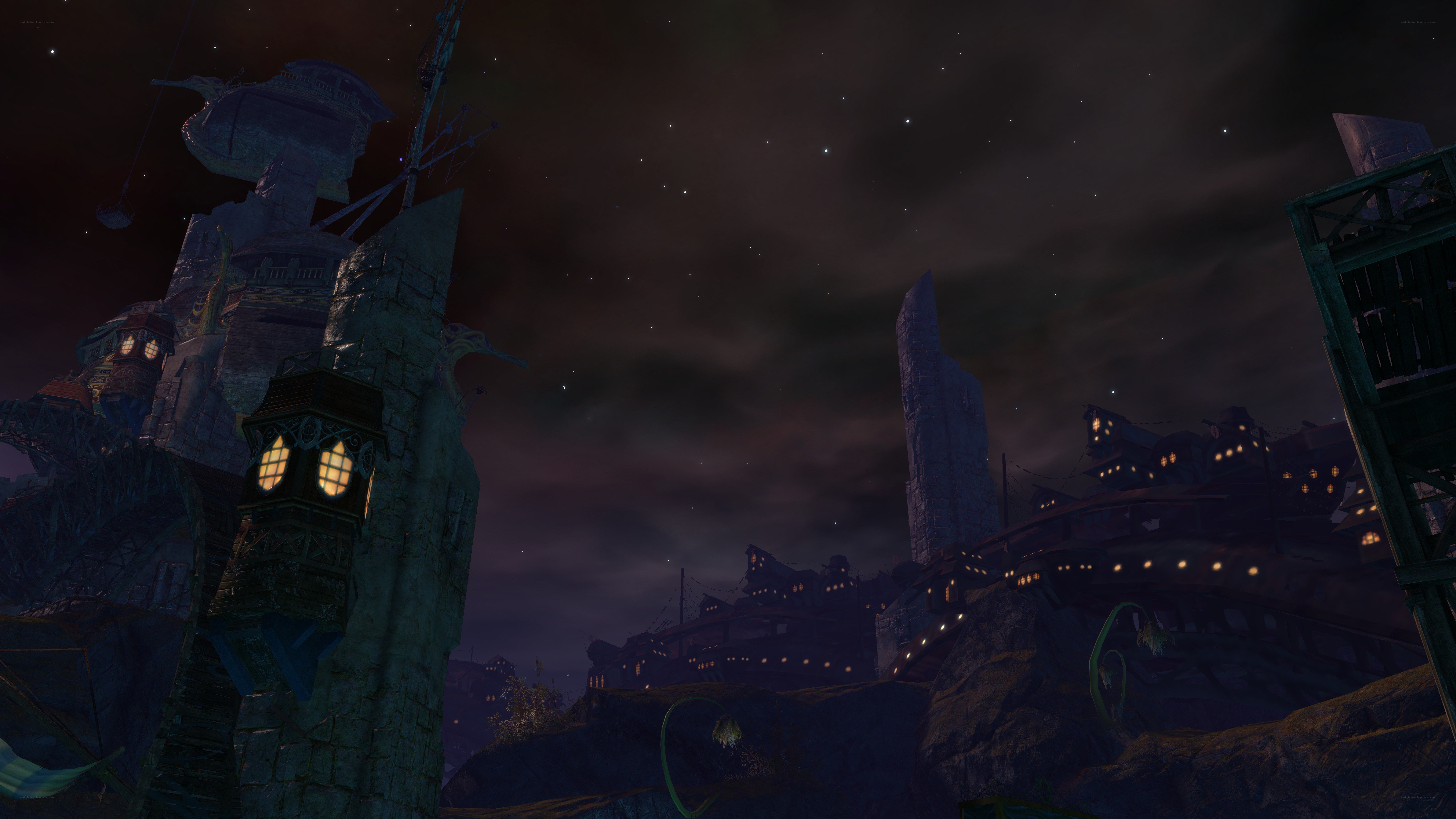 nighttime cityscape in a fantasy world