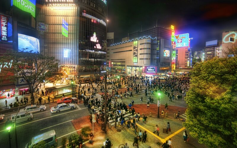 Nighttime cityscape of Shibuya crossing