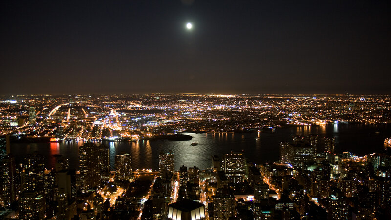 Nighttime Cityscape View — Black, Dark, Night, Photograph, Moon