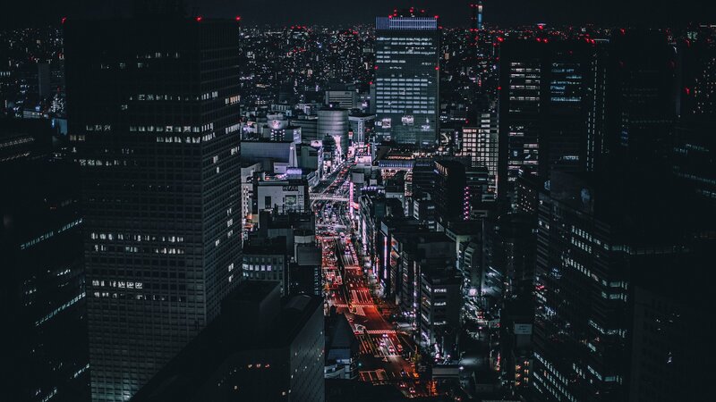 Nighttime Cityscape View — Black, Dark, Night, Photograph, Skyscrapers, Traffic