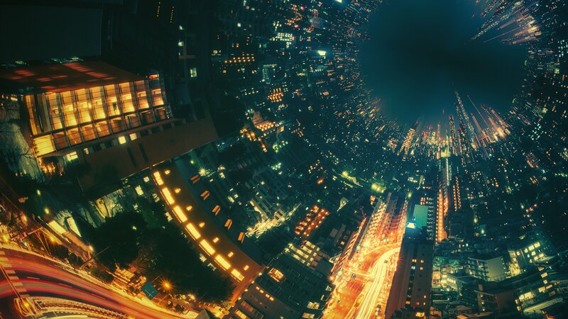 Nighttime Cityscape View — Black, Dramatic, Night, Digital Art