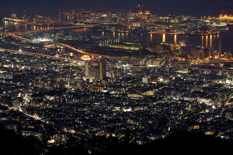 Nighttime Cityscape View — Black, Dramatic, Night, Photograph, Buildings, Bridges