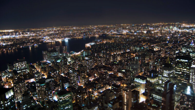 Nighttime Cityscape View — Black, Dramatic, Night, Photograph, Buildings, River, Lights, Yellow, Blue