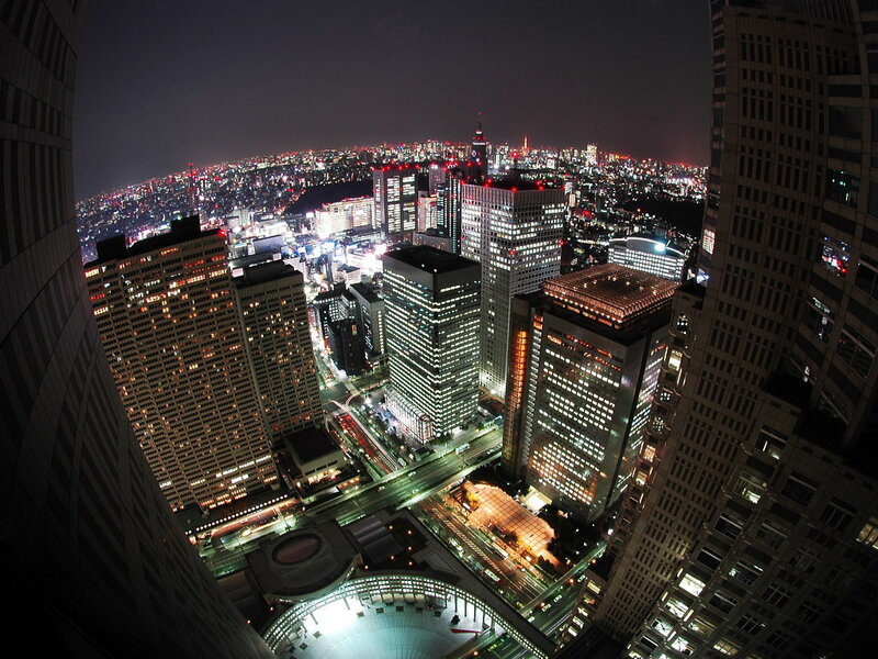 Nighttime Cityscape View — Black, Dramatic, Night, Photograph, Skyscrapers, City Lights