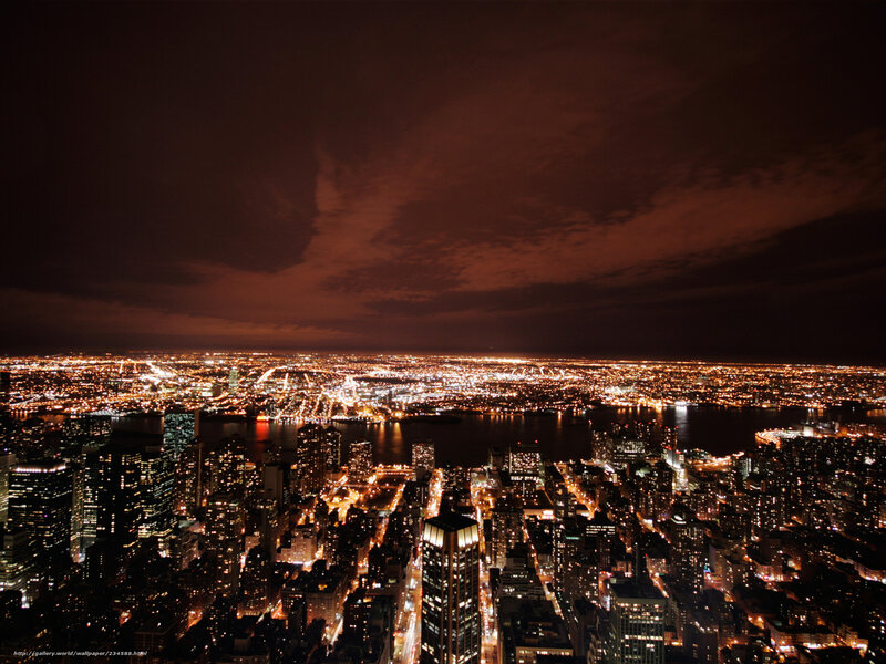 Nighttime Cityscape View — Black, Dramatic, Night, Photograph, Skyscrapers, River, Lights, Clouds