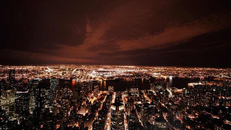 Nighttime Cityscape View — Black, Dramatic, Night, Photograph, Skyscrapers, River, Lights