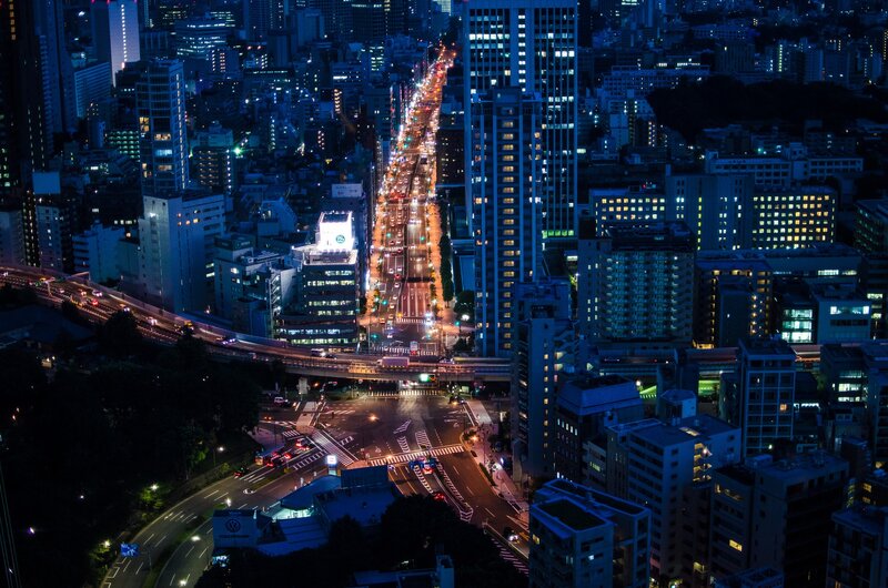 Nighttime Cityscape View — Blue, Dramatic, Night, Photograph, Buildings, Traffic