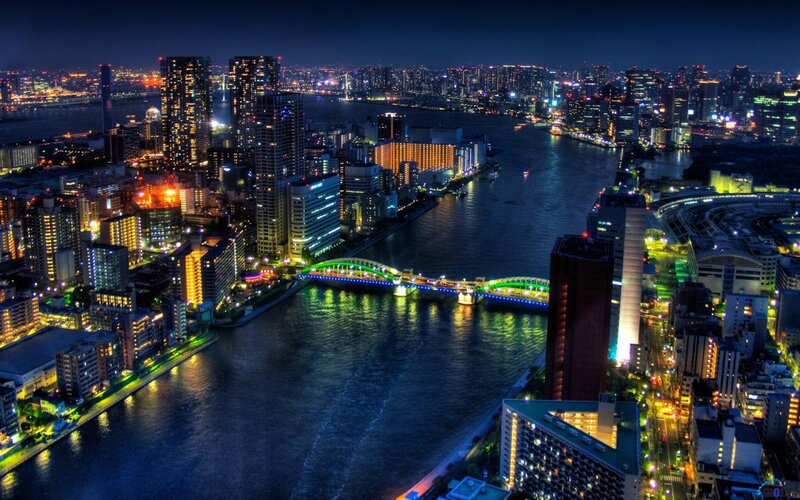 Nighttime Cityscape View — Blue, Dramatic, Night, Photograph, River