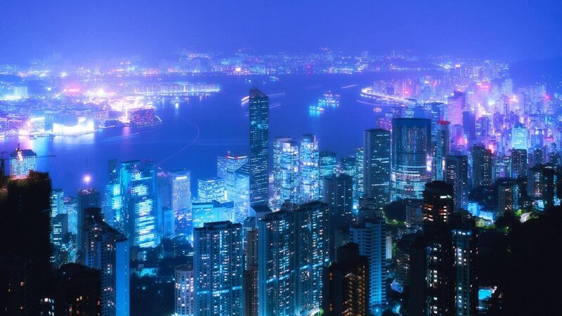 Nighttime Cityscape View — Blue, Dramatic, Night, Photograph, Skyscrapers, Bay, Boats