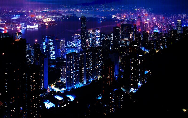 Nighttime Cityscape View — Blue, Dramatic, Night, Photograph, Skyscrapers, Bay, Lights, Purple