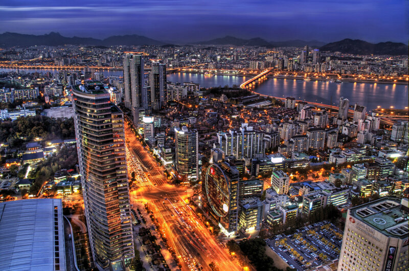 Nighttime Cityscape View — Blue, Dramatic, Night, Photograph