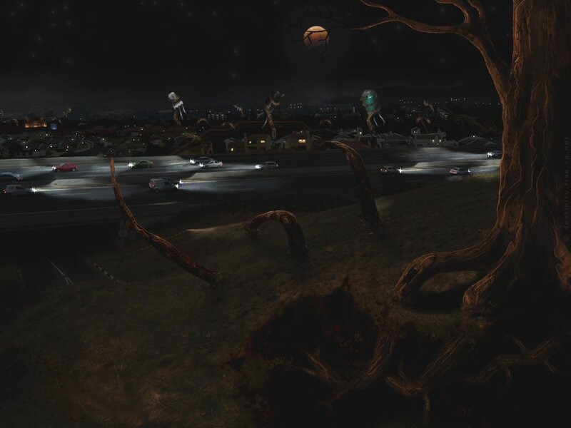 Nighttime cityscape with alien creatures