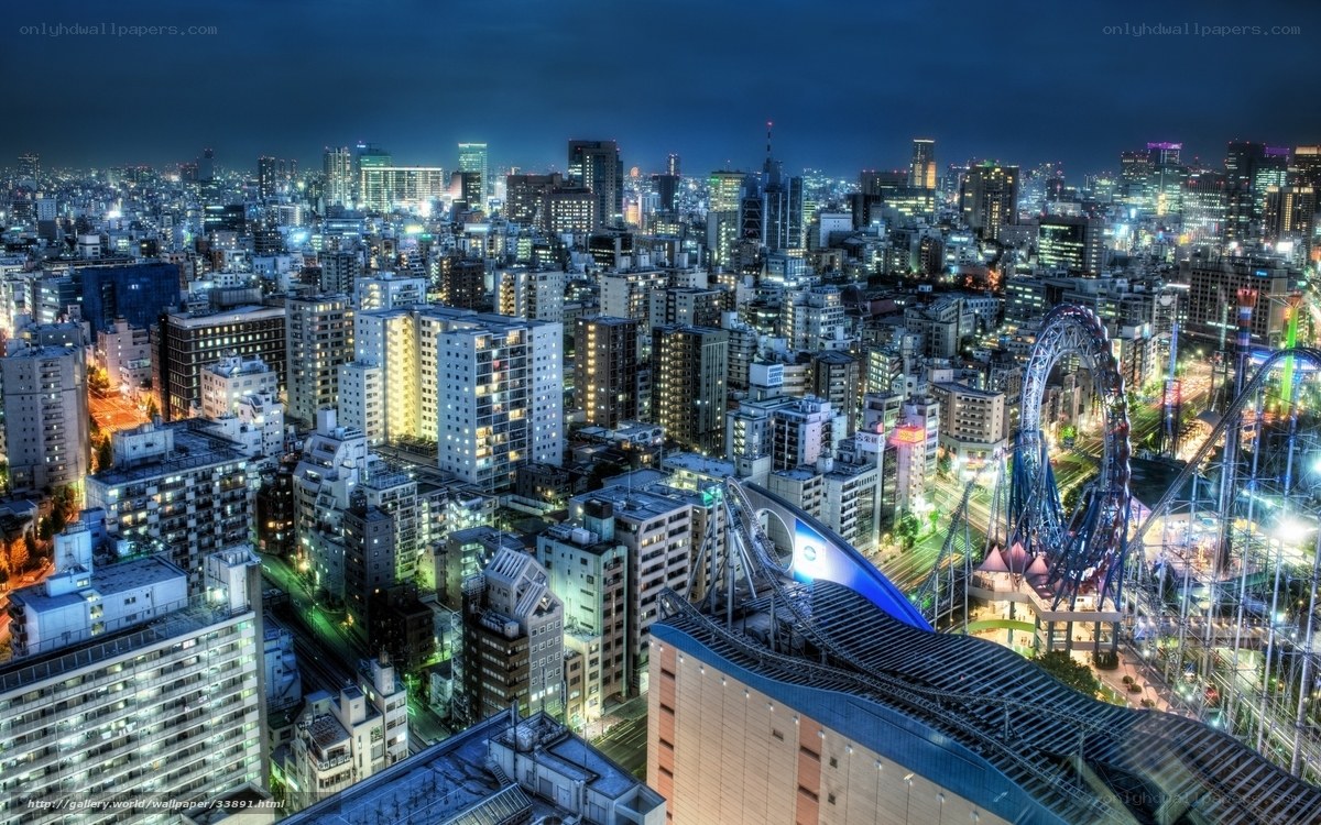 Nighttime cityscape with amusement park