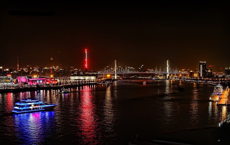 Nighttime Cityscape with Boats — Black