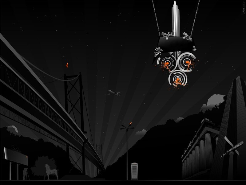 Nighttime cityscape with bridge and sculpture