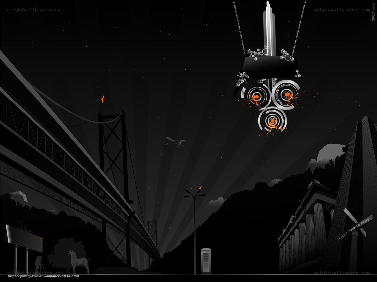 Nighttime cityscape with bridge and sculpture