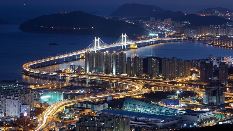 Nighttime Cityscape with Bridge — Blue, Dramatic, Night, Photograph, Skyscrapers