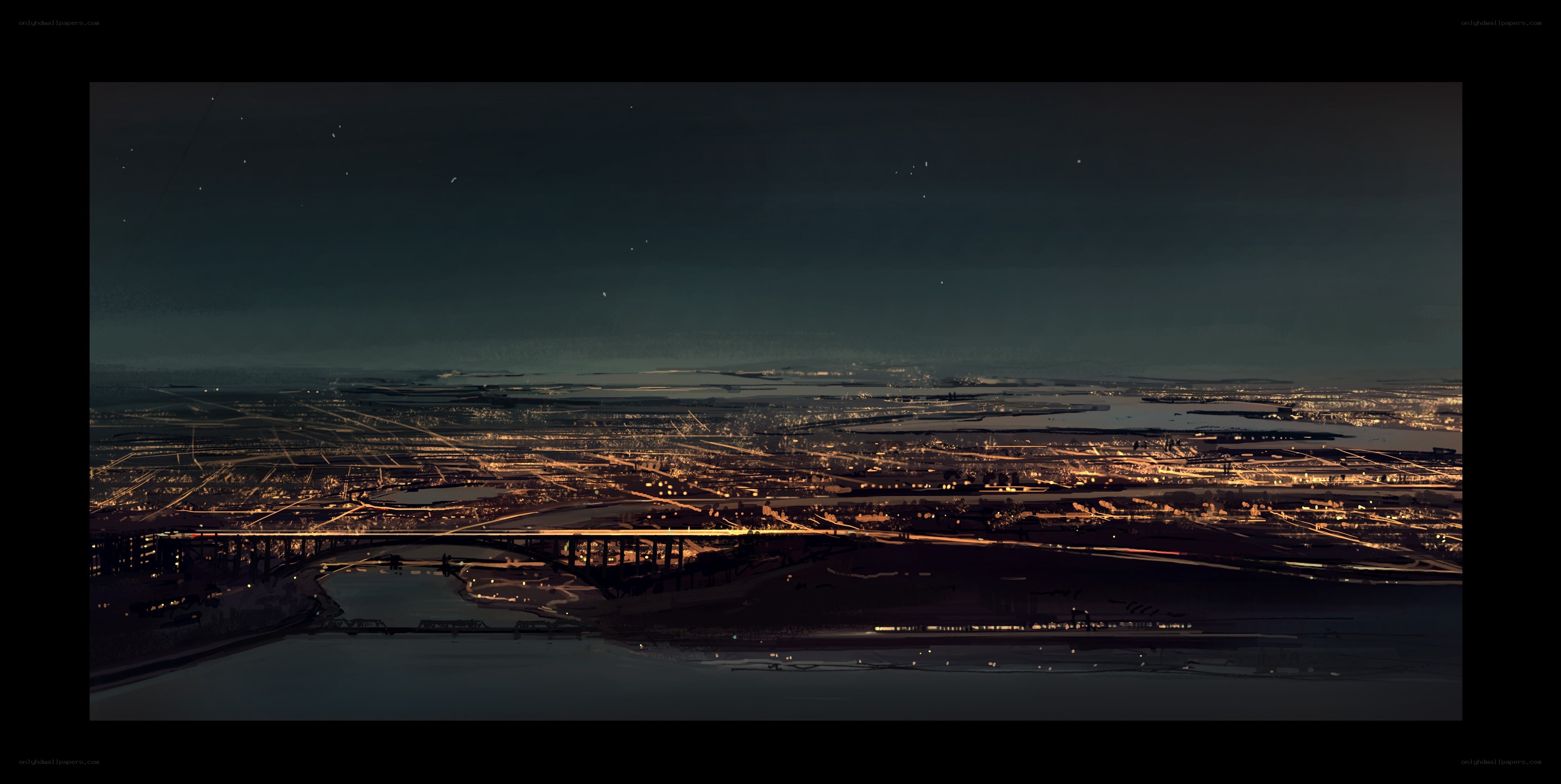 nighttime cityscape with bridges
