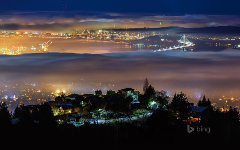 Nighttime Cityscape with Bridges — Blue