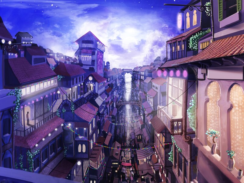 nighttime cityscape with canal