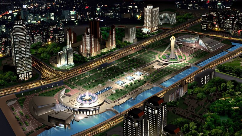 Nighttime cityscape with central plaza