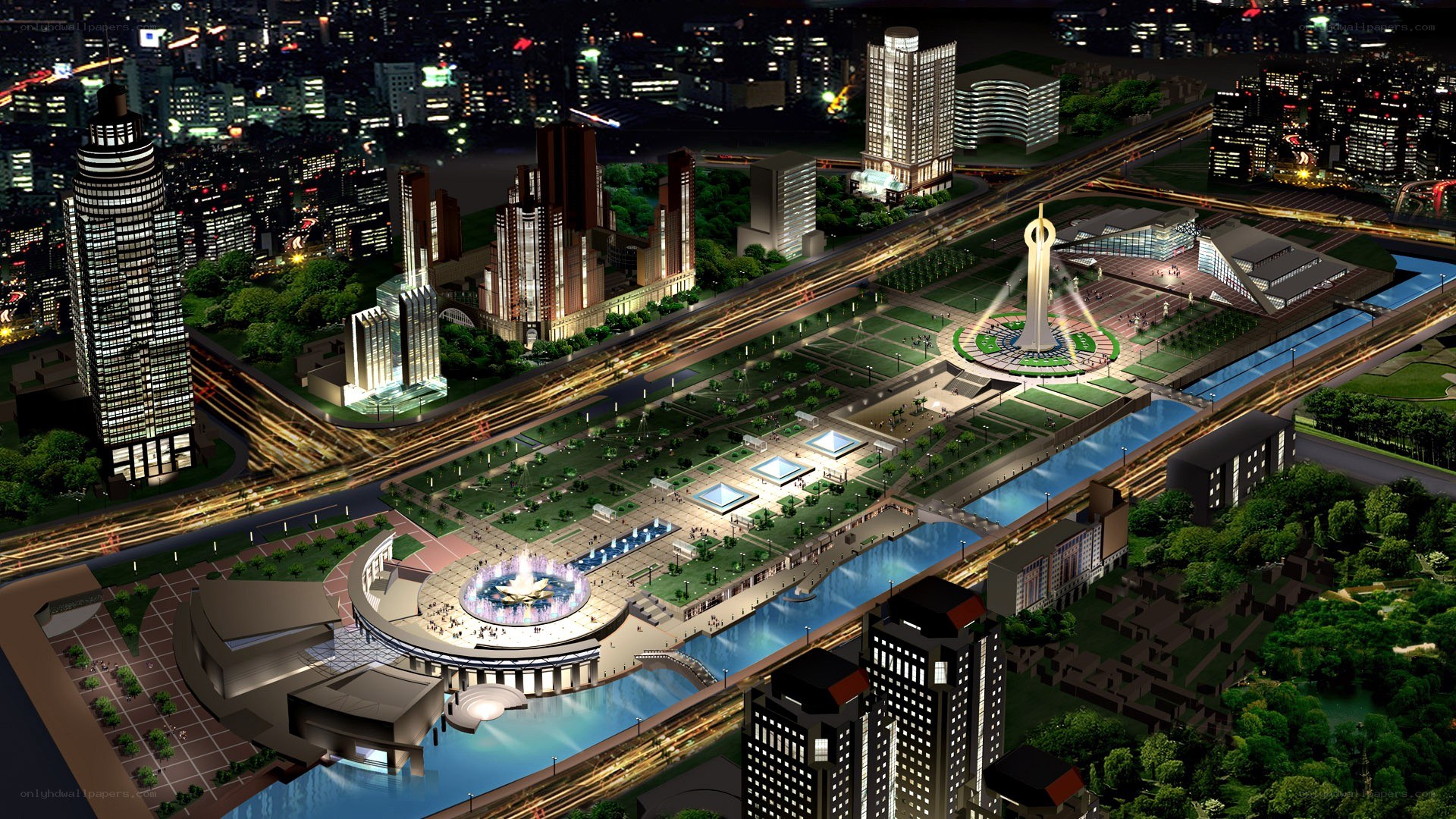Nighttime cityscape with central plaza