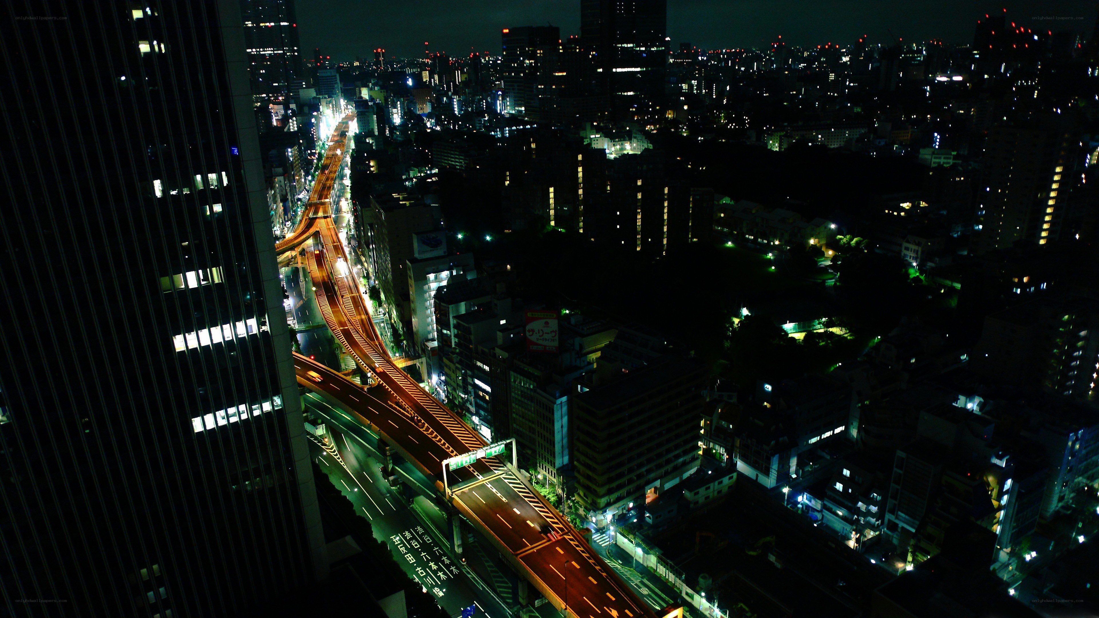 nighttime cityscape with elevated highway