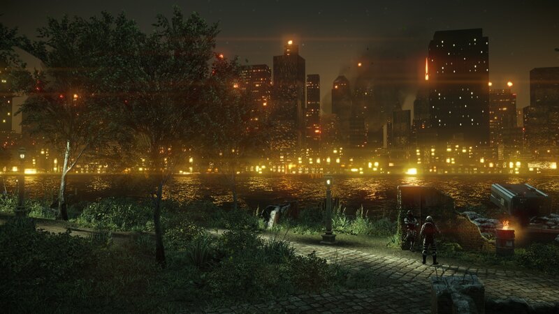 nighttime cityscape with figures