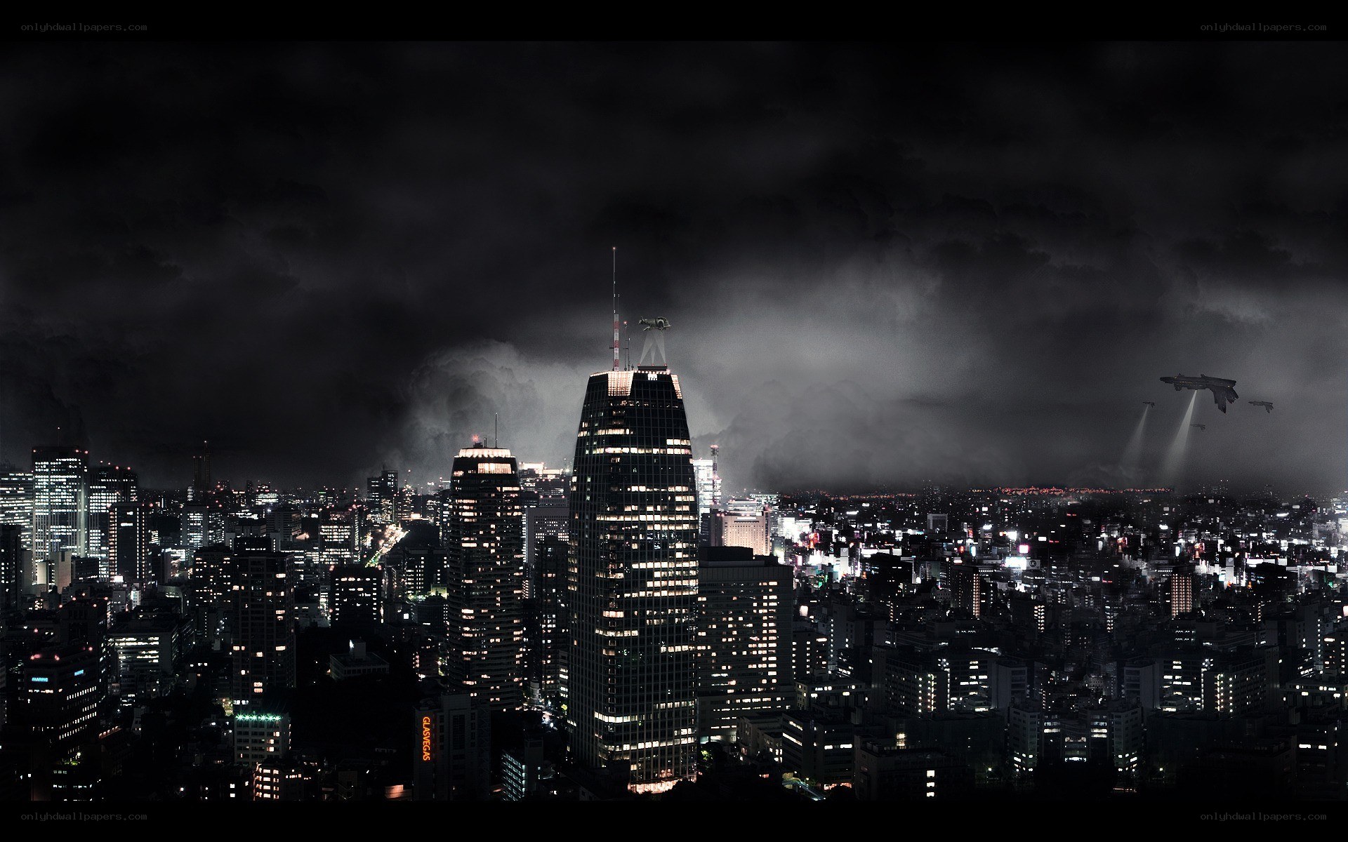 Nighttime cityscape with flying craft
