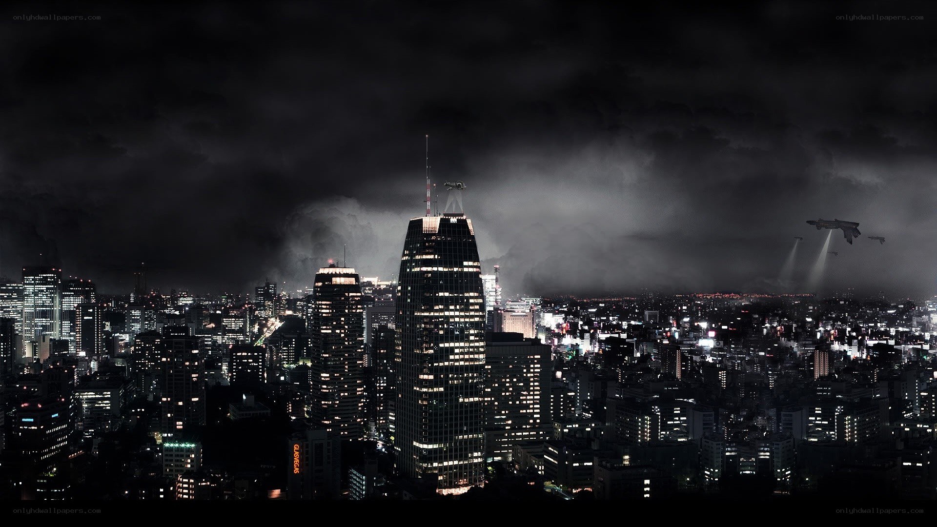 nighttime cityscape with flying craft