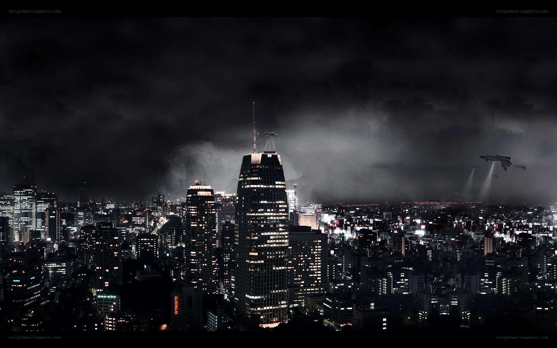 Nighttime cityscape with flying craft