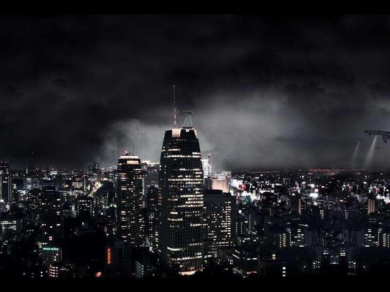 Nighttime cityscape with flying craft
