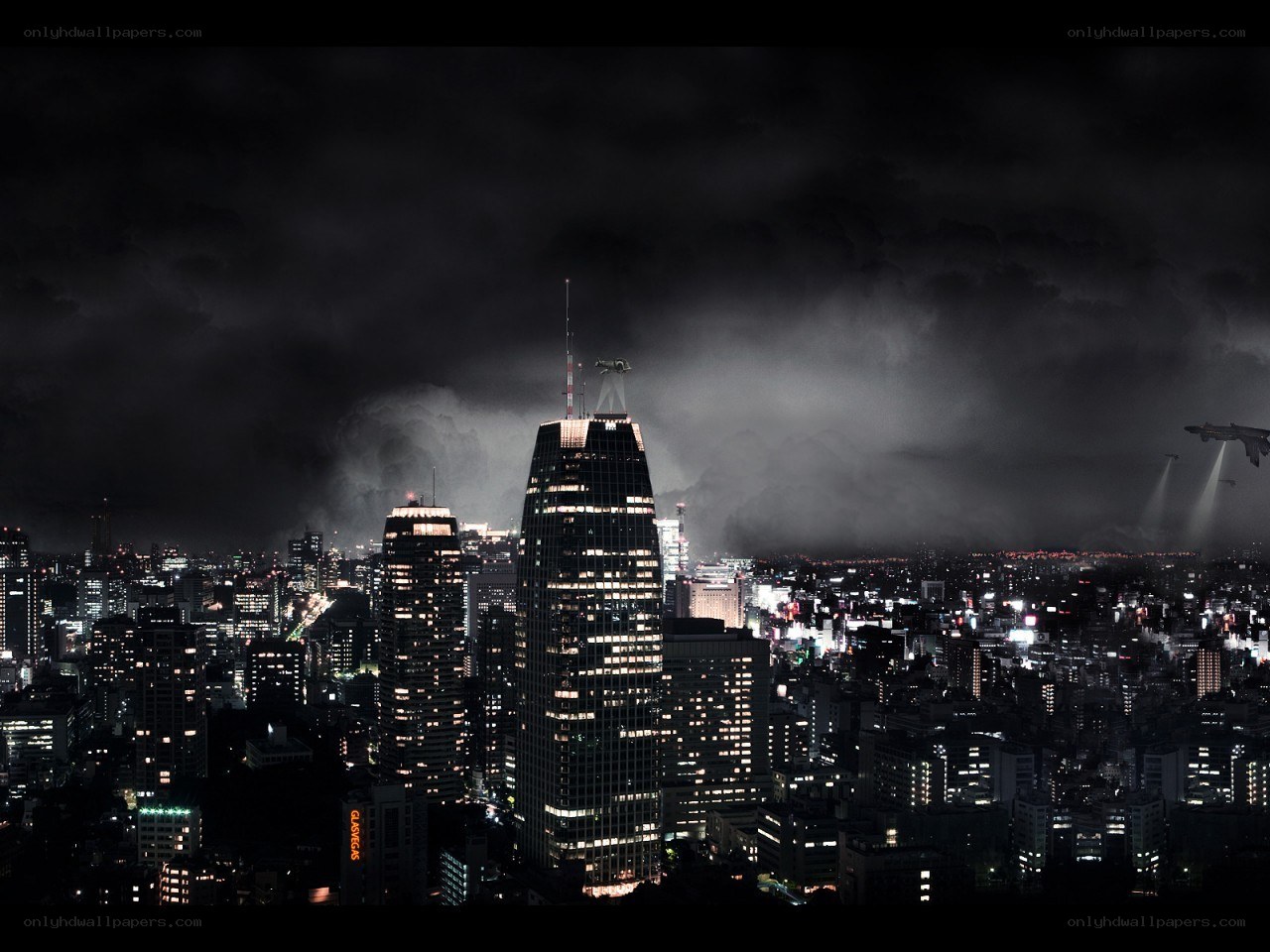 Nighttime cityscape with flying craft
