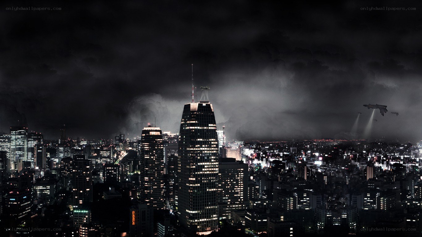 Nighttime cityscape with flying craft