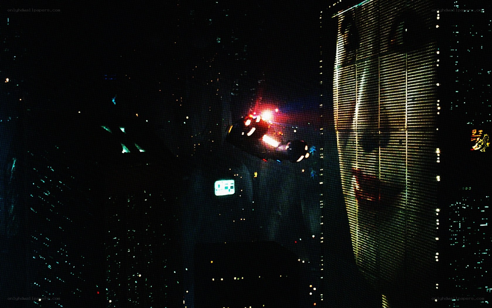 Nighttime cityscape with flying vehicle