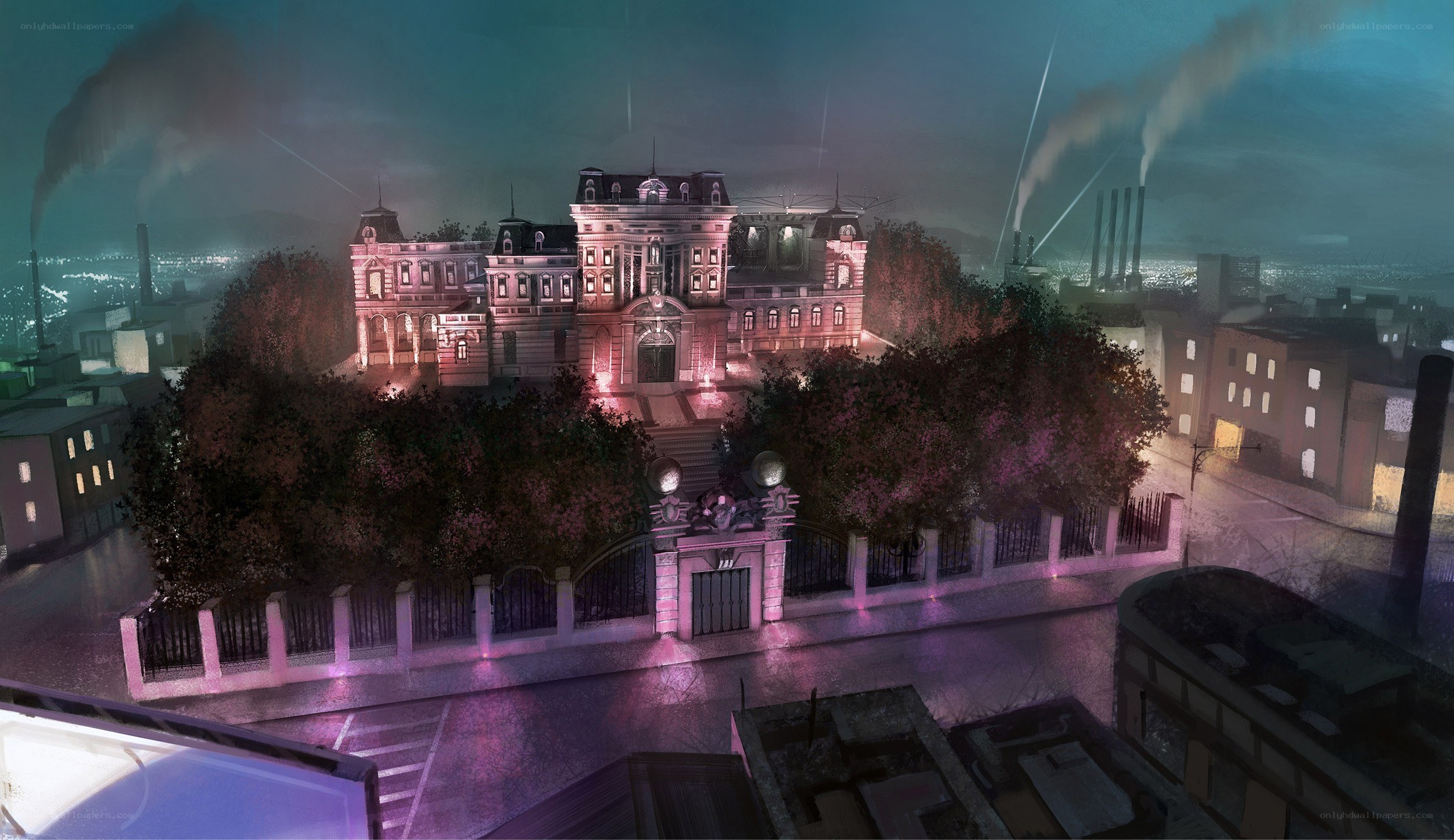 nighttime cityscape with grand building