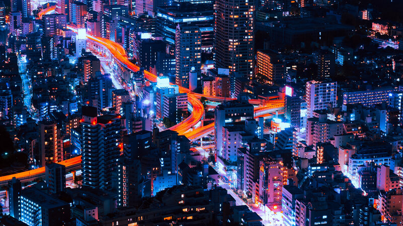 Nighttime Cityscape with Highways — Blue