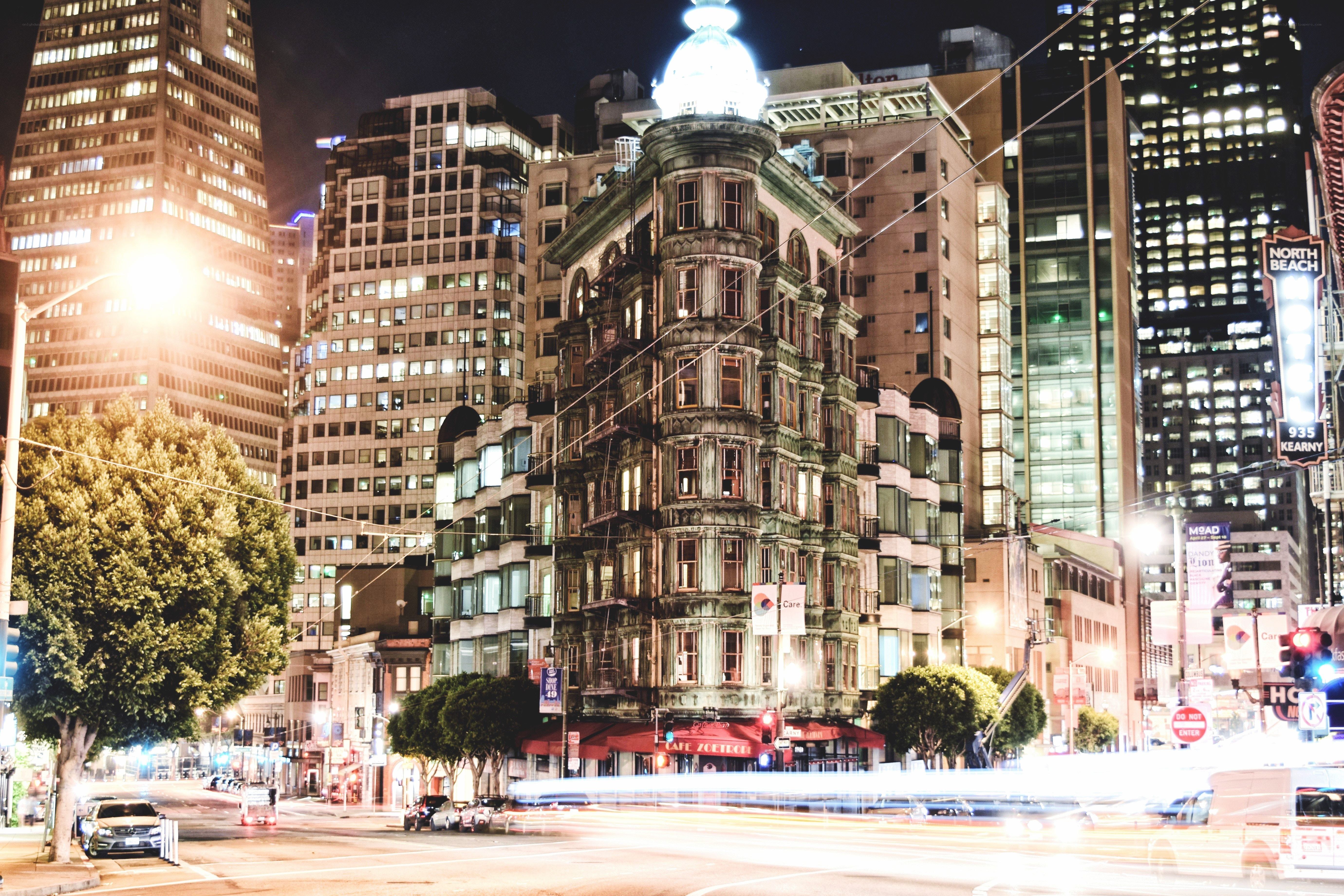 Nighttime cityscape with historic building