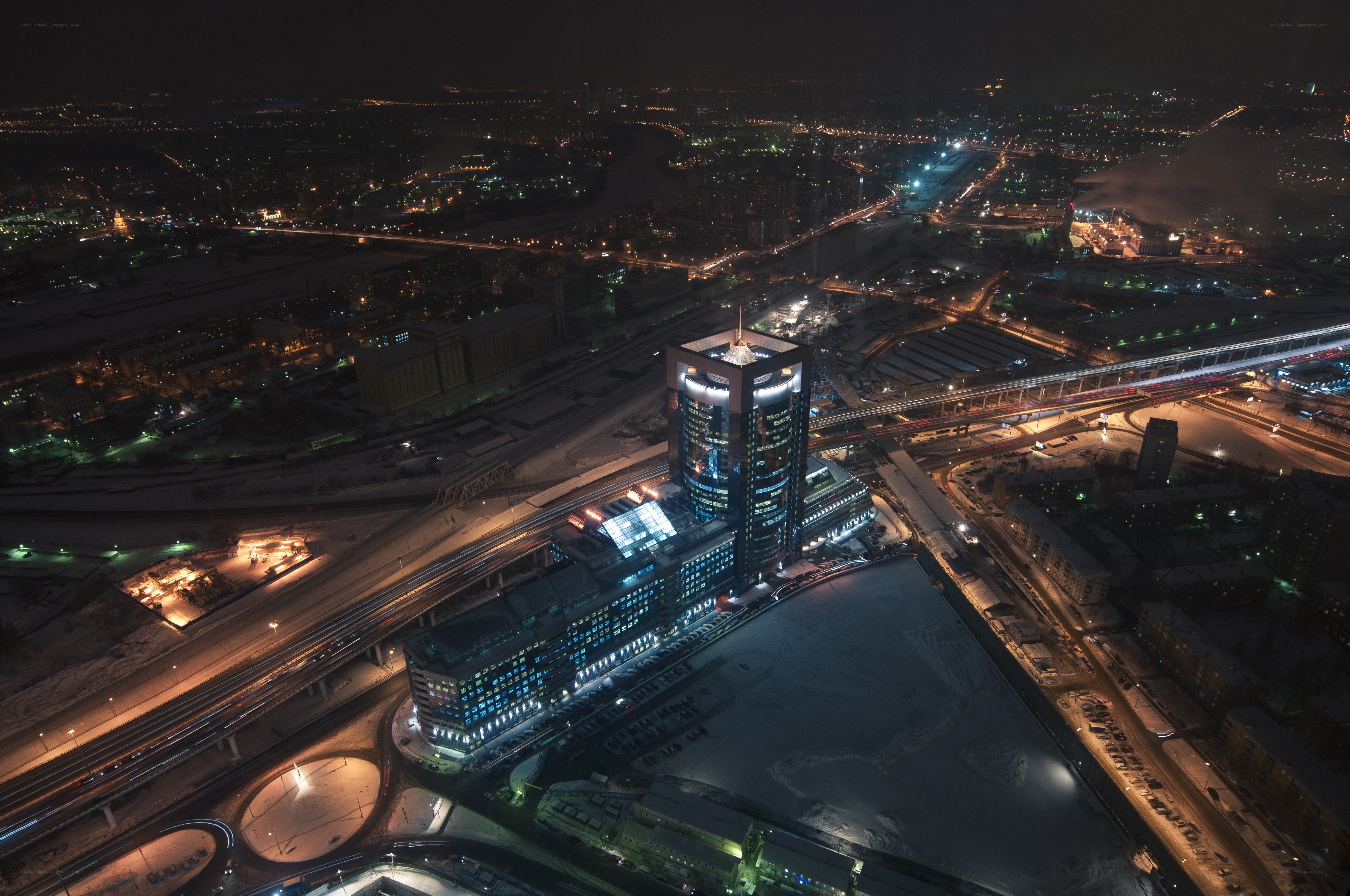 nighttime cityscape with illuminated building