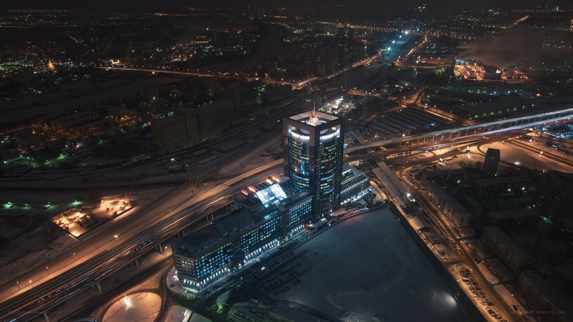 nighttime cityscape with illuminated building