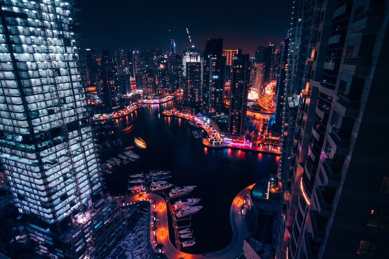Nighttime Cityscape with Marina