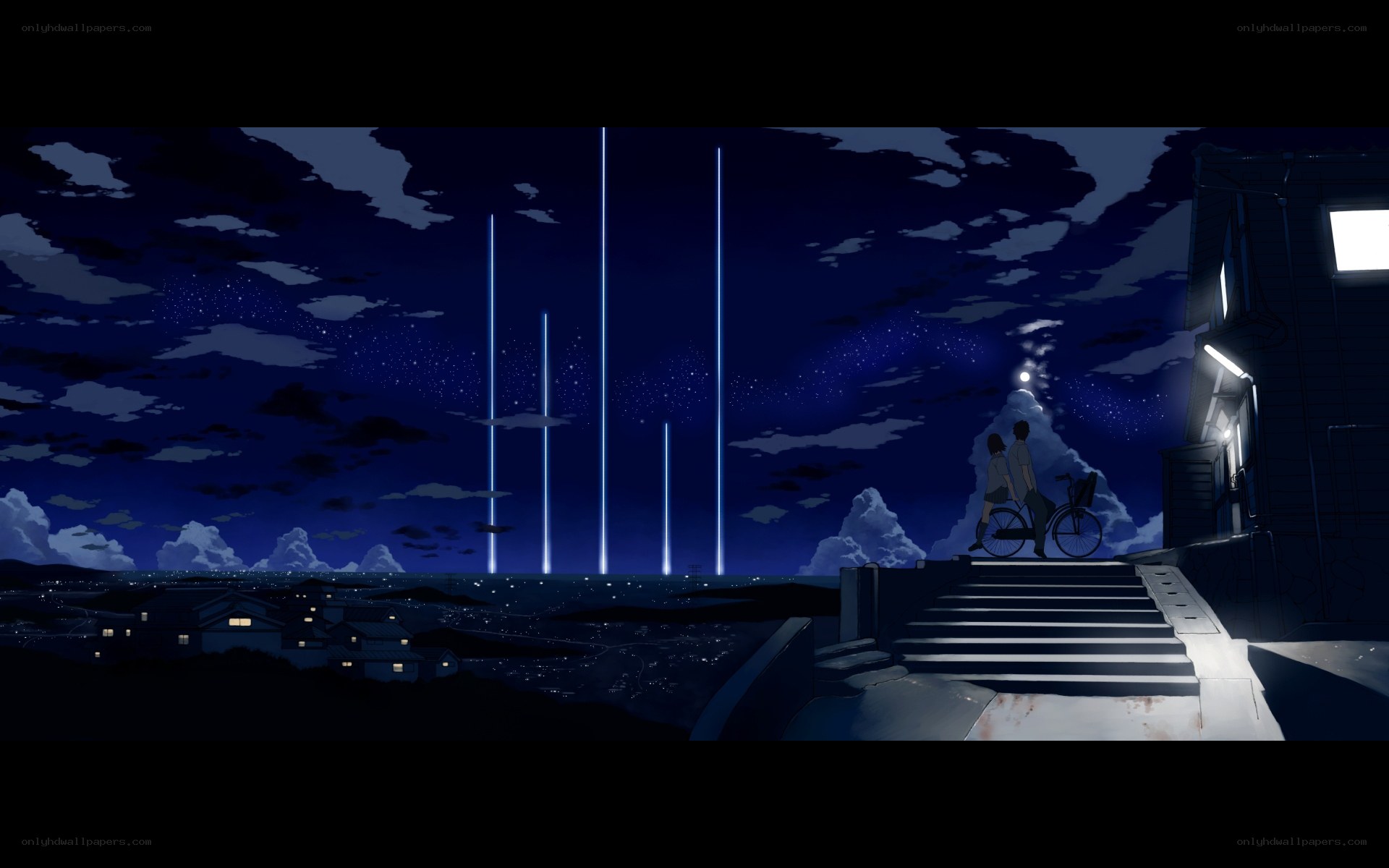 Nighttime cityscape with meteors