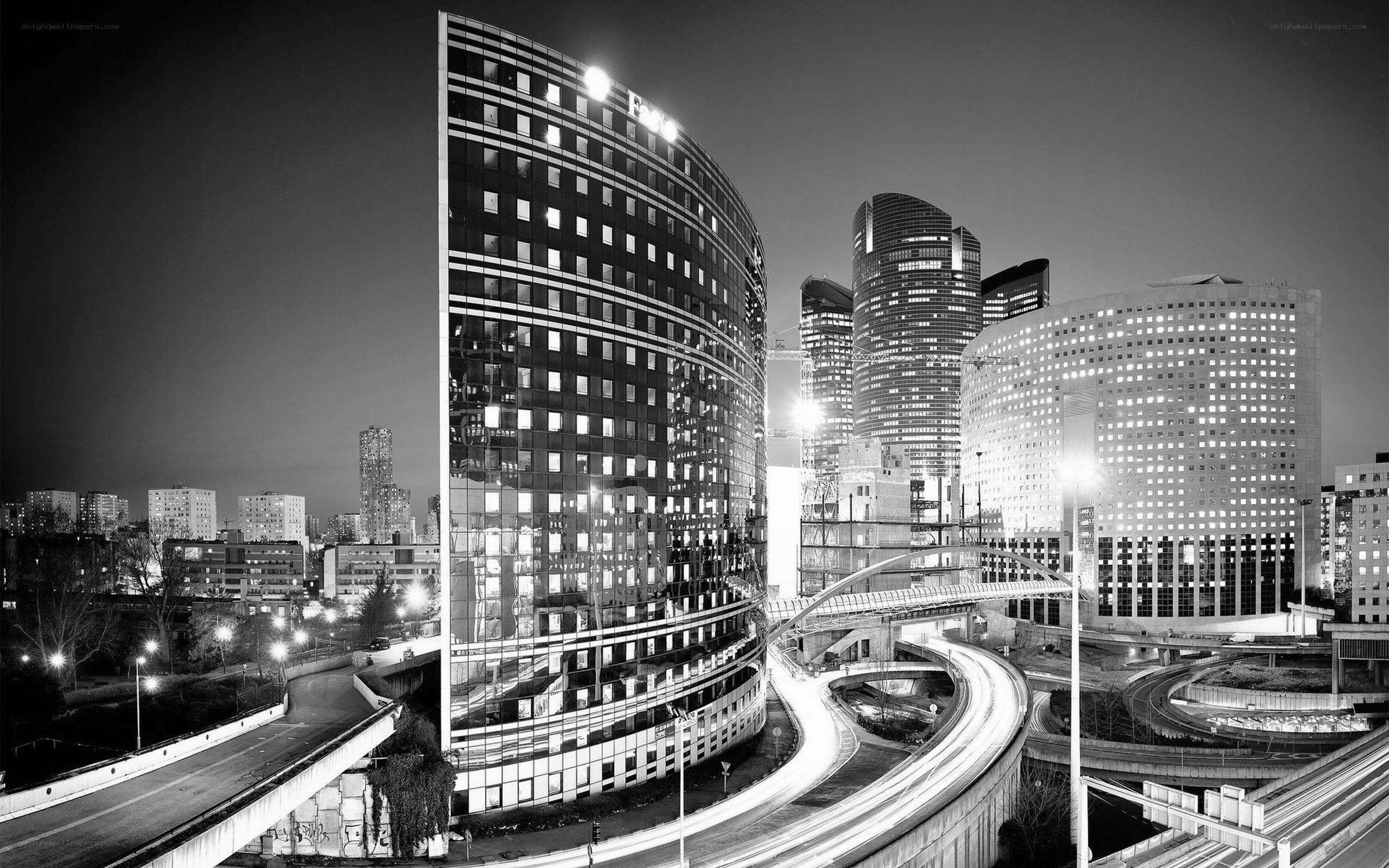 Nighttime cityscape with modern buildings