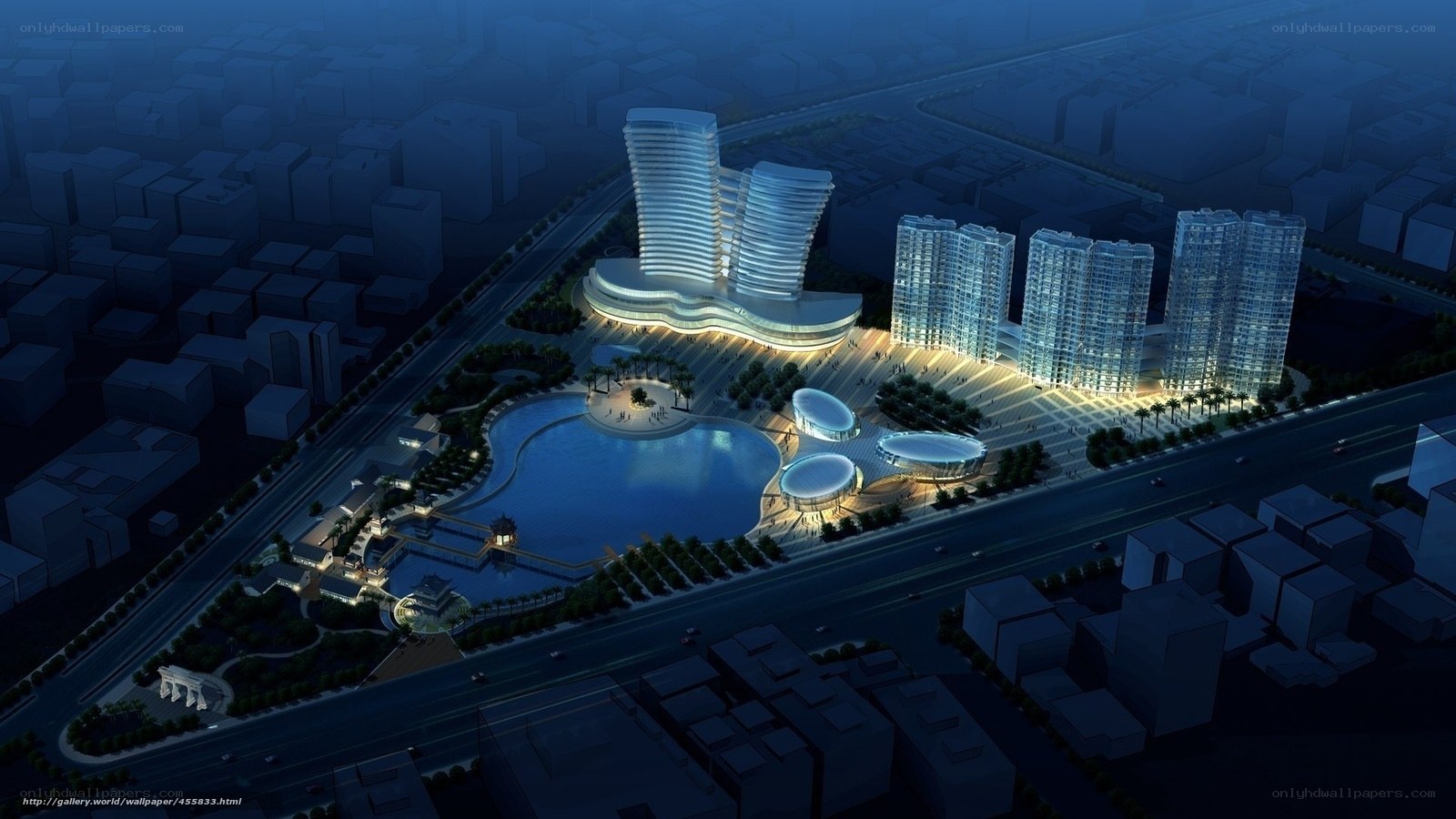 Nighttime cityscape with modern buildings