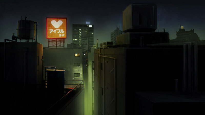 nighttime cityscape with neon sign