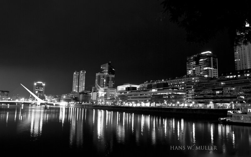 Nighttime Cityscape with River — Black, Dramatic