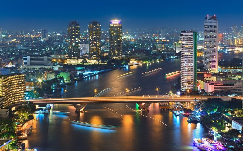 Nighttime Cityscape with River — Blue, Calm