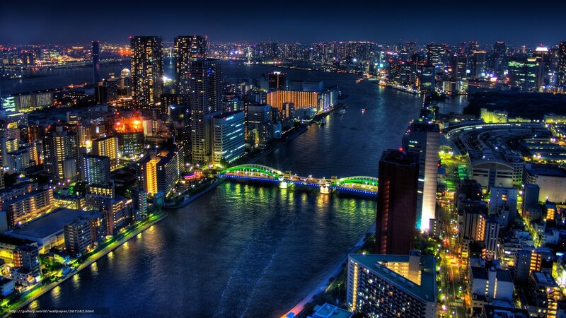 Nighttime Cityscape with River — Blue